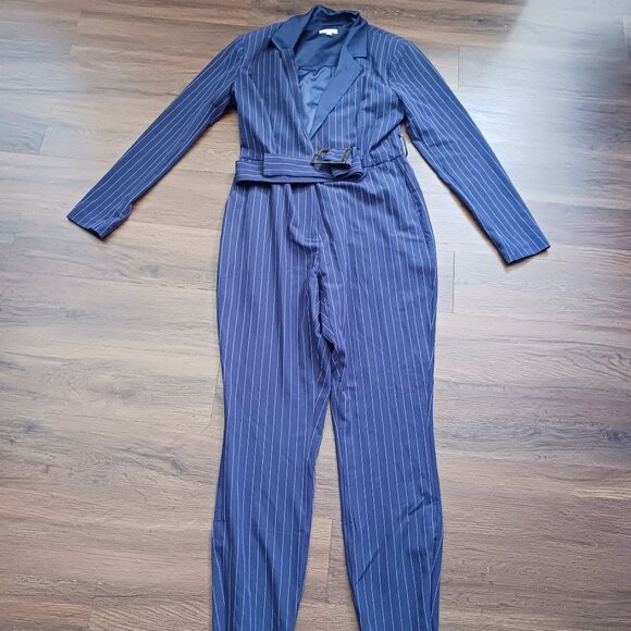 WeWoreWhat: Navy Pinstripe Belted Blazer Jumpsuit Slim Leg, Ankle Length Sz L - Picture 2 of 6
